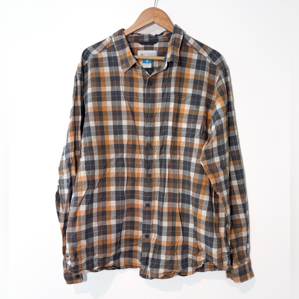 COLUMBIA Sportswear Men’s Button Down Long Sleeve Plaid Orange Navy Shirt XL